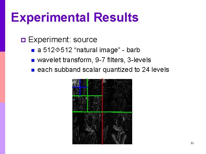 Experimental Results p Experiment: source n n n a 512 “natural image” - barb Experimental Results p Experiment: source n n n a 512 “natural image” - barb