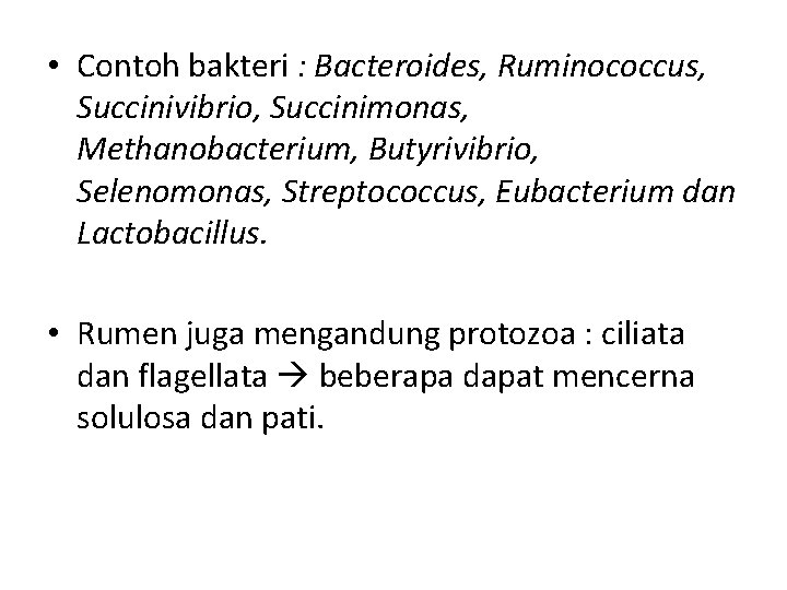  • Contoh bakteri : Bacteroides, Ruminococcus, Succinivibrio, Succinimonas, Methanobacterium, Butyrivibrio, Selenomonas, Streptococcus, Eubacterium