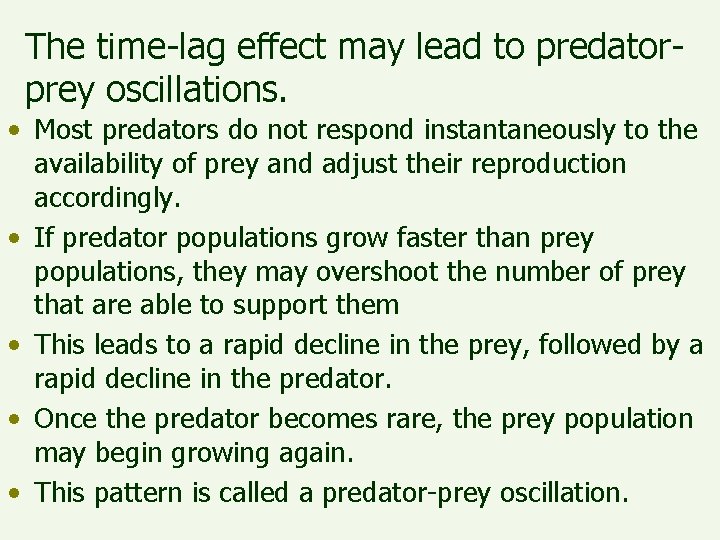 The time-lag effect may lead to predatorprey oscillations. • Most predators do not respond