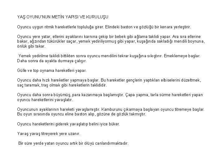 YAŞ OYUNU’NUN METİN YAPISI VE KURULUŞU Oyuncu uygun ritmik hareketlerle topluluğa girer. Elindeki baston