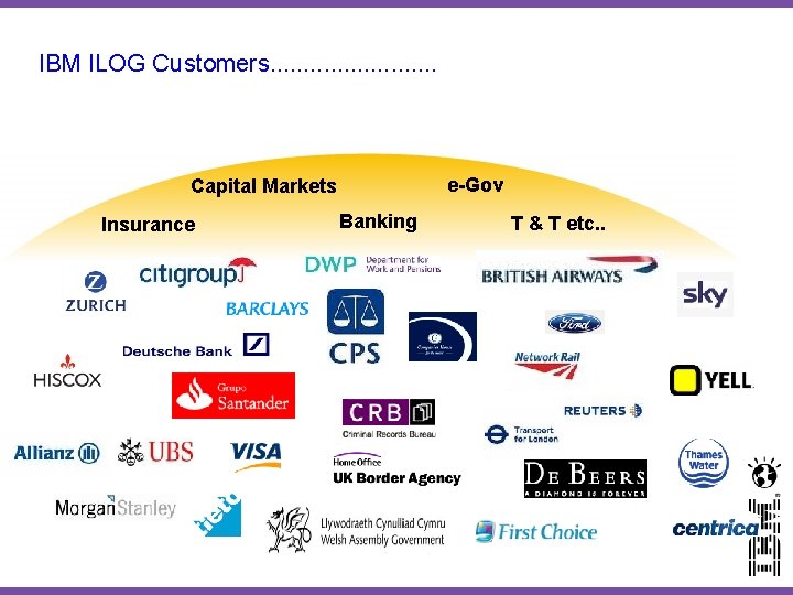 IBM ILOG Customers. . . e-Gov Capital Markets Insurance Banking T & T etc. IBM ILOG Customers. . . e-Gov Capital Markets Insurance Banking T & T etc.