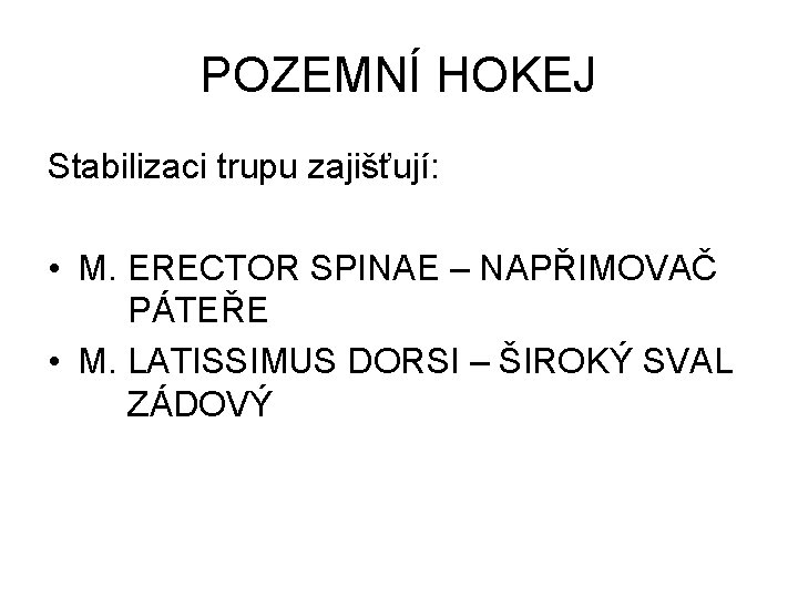 POZEMNÍ HOKEJ Stabilizaci trupu zajišťují: • M. ERECTOR SPINAE – NAPŘIMOVAČ PÁTEŘE • M.