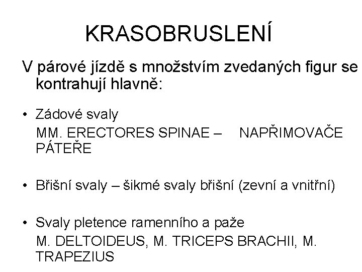 KRASOBRUSLENÍ V párové jízdě s množstvím zvedaných figur se kontrahují hlavně: • Zádové svaly