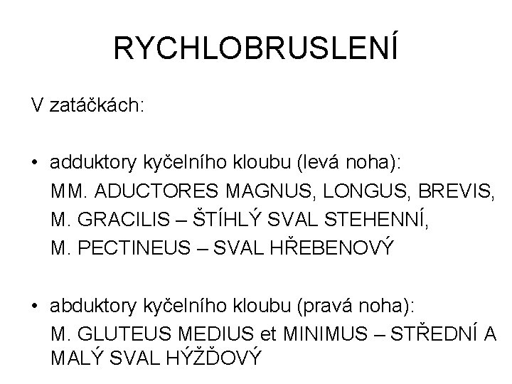 RYCHLOBRUSLENÍ V zatáčkách: • adduktory kyčelního kloubu (levá noha): MM. ADUCTORES MAGNUS, LONGUS, BREVIS,