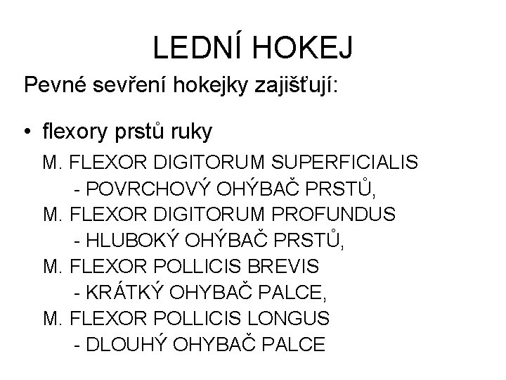 LEDNÍ HOKEJ Pevné sevření hokejky zajišťují: • flexory prstů ruky M. FLEXOR DIGITORUM SUPERFICIALIS