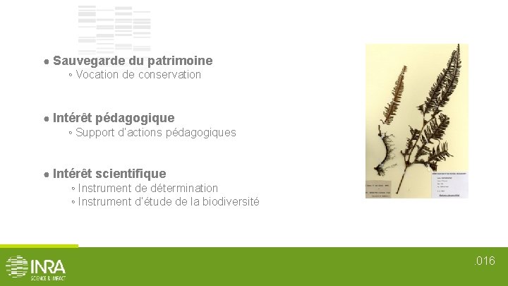 ● Sauvegarde du patrimoine ◦ Vocation de conservation ● Intérêt pédagogique ◦ Support d’actions