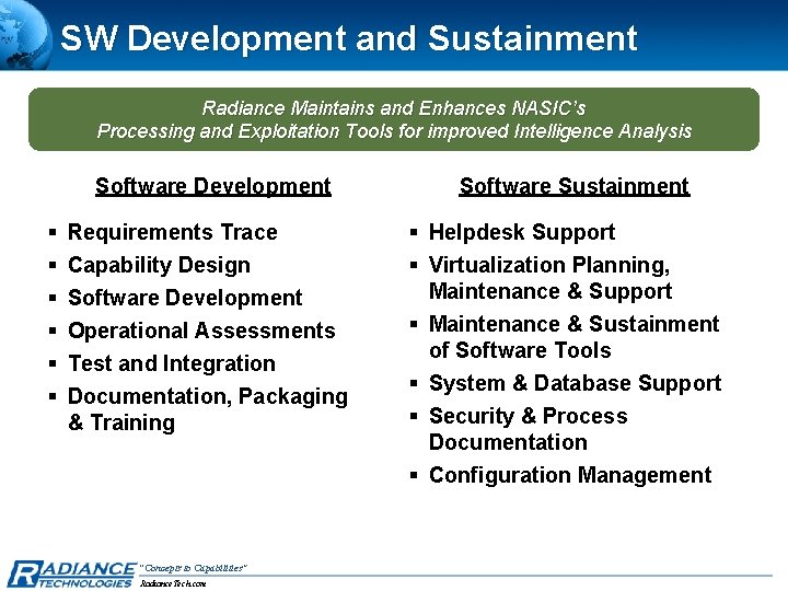 SW Development and Sustainment Radiance Maintains and Enhances NASIC’s Processing and Exploitation Tools for