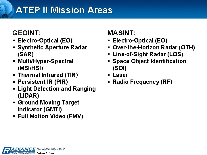 ATEP II Mission Areas GEOINT: MASINT: § Electro-Optical (EO) § Synthetic Aperture Radar (SAR)