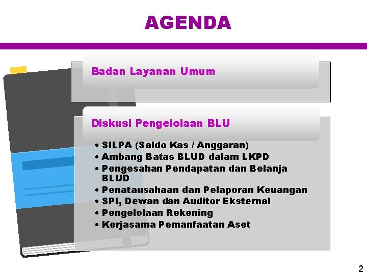 AGENDA Badan Layanan Umum Diskusi Pengelolaan BLU • SILPA (Saldo Kas / Anggaran) •