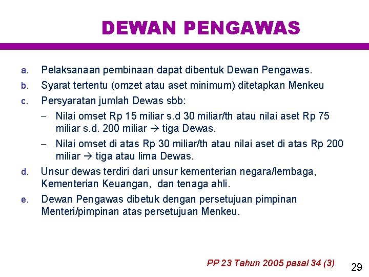 DEWAN PENGAWAS a. b. c. d. e. Pelaksanaan pembinaan dapat dibentuk Dewan Pengawas. Syarat