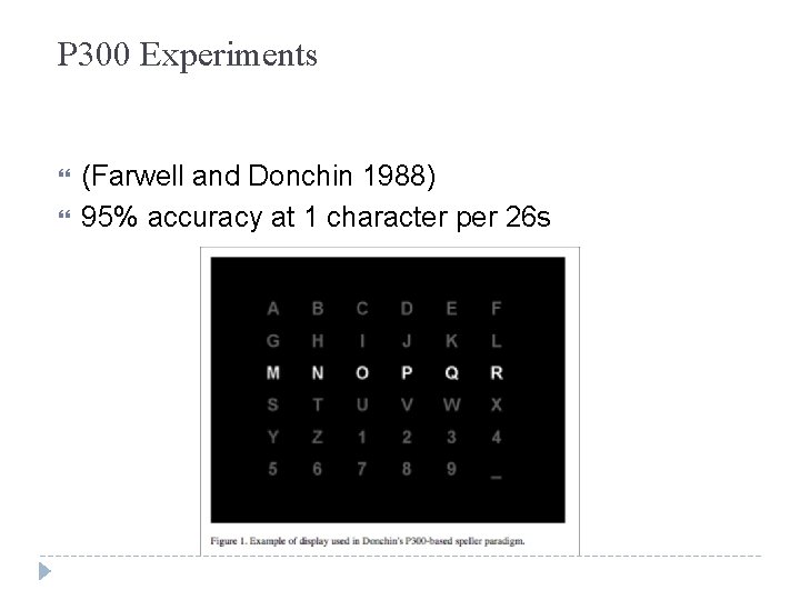 P 300 Experiments (Farwell and Donchin 1988) 95% accuracy at 1 character per 26 P 300 Experiments (Farwell and Donchin 1988) 95% accuracy at 1 character per 26