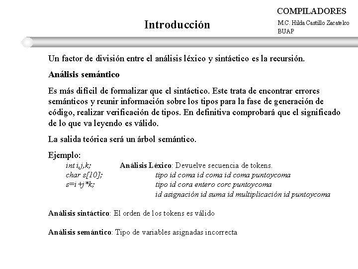 COMPILADORES Introducción M. C. Hilda Castillo Zacatelco BUAP Un factor de división entre el