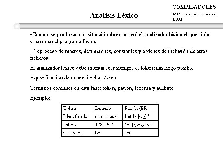 COMPILADORES Análisis Léxico M. C. Hilda Castillo Zacatelco BUAP • Cuando se produzca una