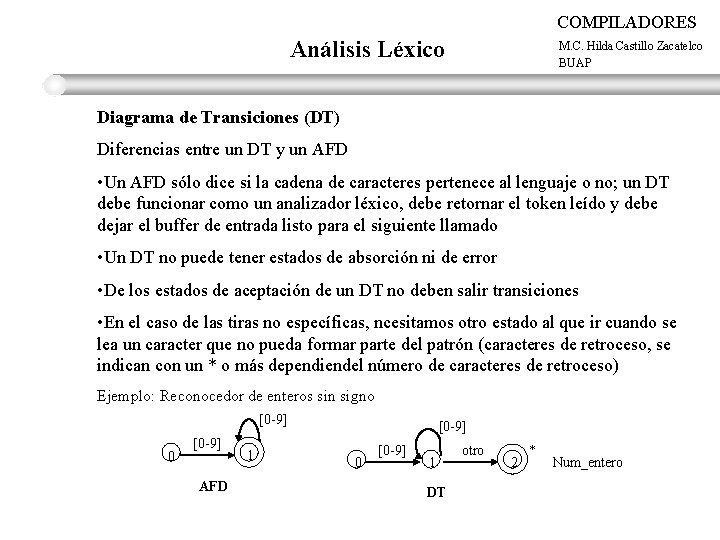 COMPILADORES Análisis Léxico M. C. Hilda Castillo Zacatelco BUAP Diagrama de Transiciones (DT) Diferencias