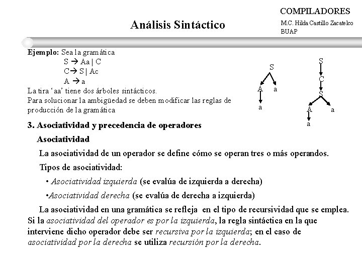 COMPILADORES Análisis Sintáctico Ejemplo: Sea la gramática S Aa | C C S |