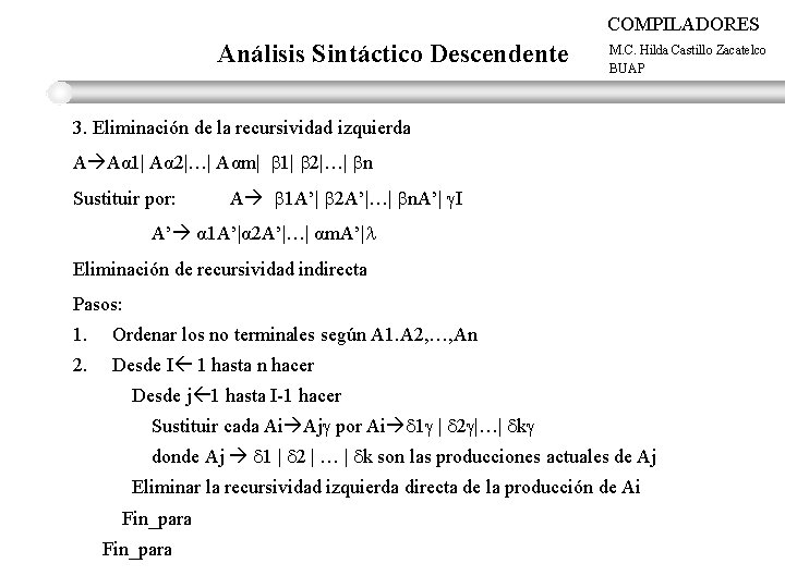 COMPILADORES Análisis Sintáctico Descendente M. C. Hilda Castillo Zacatelco BUAP 3. Eliminación de la