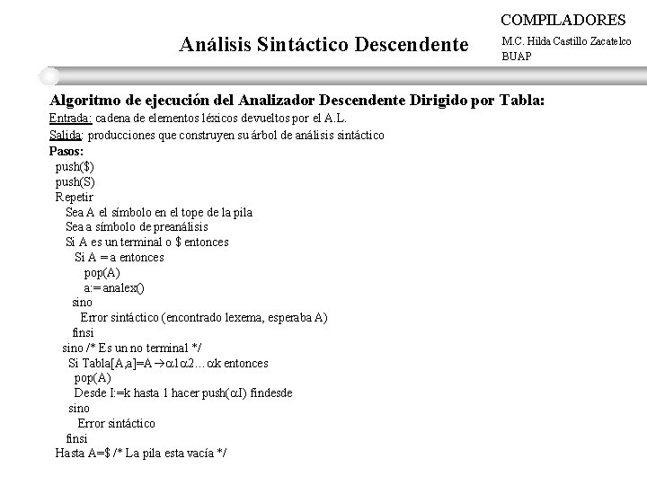 COMPILADORES Análisis Sintáctico Descendente M. C. Hilda Castillo Zacatelco BUAP Algoritmo de ejecución del