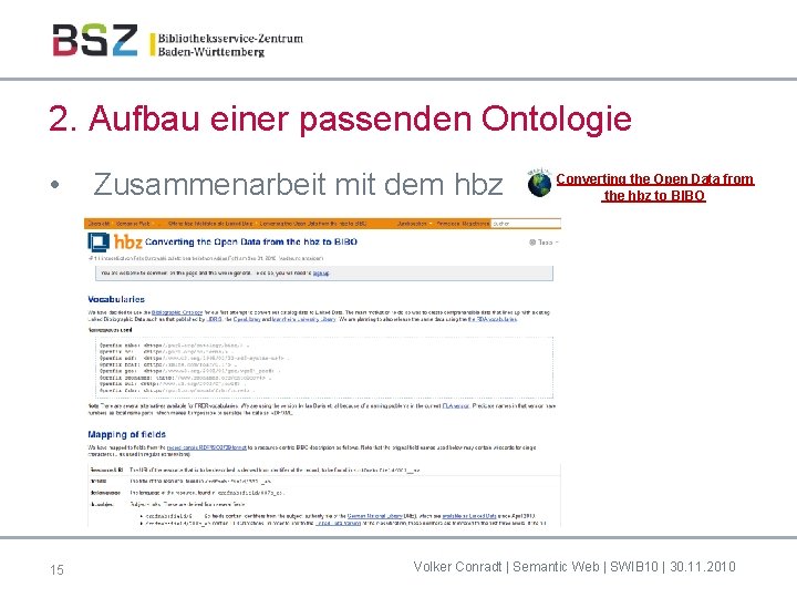 2. Aufbau einer passenden Ontologie • 15 Zusammenarbeit mit dem hbz Converting the Open