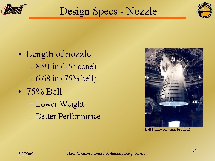Design Specs - Nozzle • Length of nozzle – 8. 91 in (15° cone)
