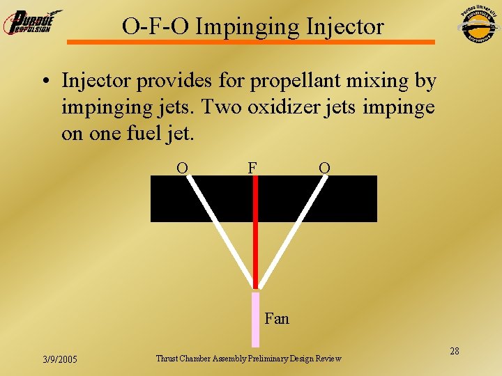 O-F-O Impinging Injector • Injector provides for propellant mixing by impinging jets. Two oxidizer