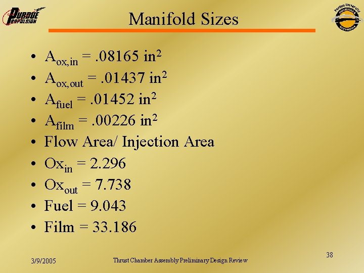 Manifold Sizes • • • Aox, in =. 08165 in 2 Aox, out =.