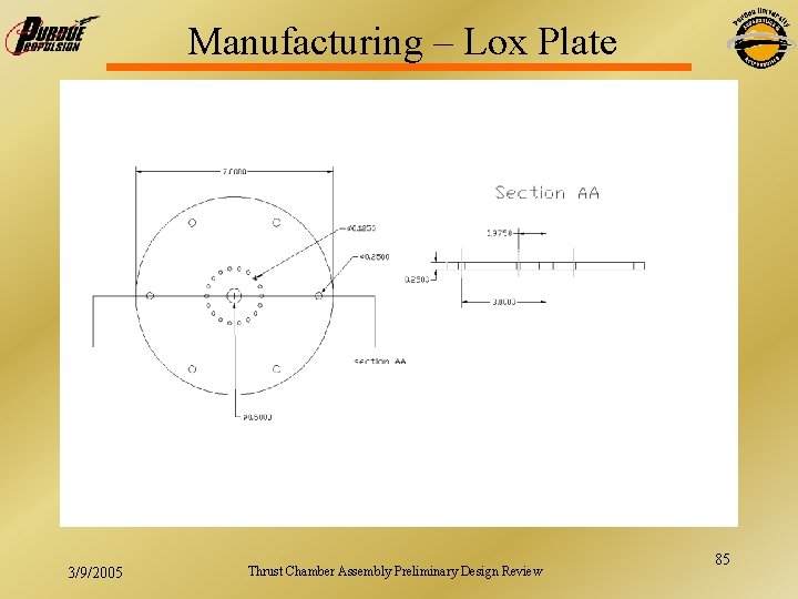 Manufacturing – Lox Plate 3/9/2005 Thrust Chamber Assembly Preliminary Design Review 85 