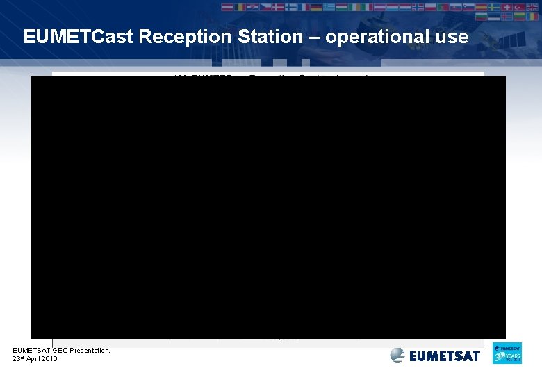 EUMETCast Reception Station – operational use EUMETSAT GEO Presentation, 23 rd April 2016 