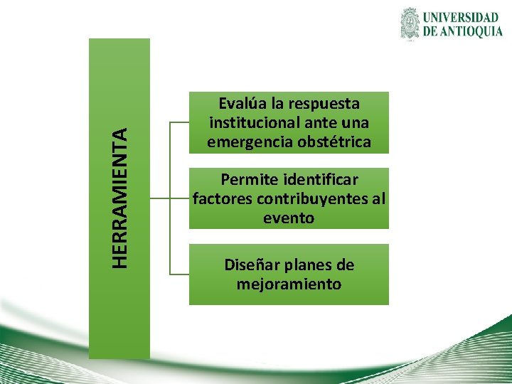 HERRAMIENTA Evalúa la respuesta institucional ante una emergencia obstétrica Permite identificar factores contribuyentes al