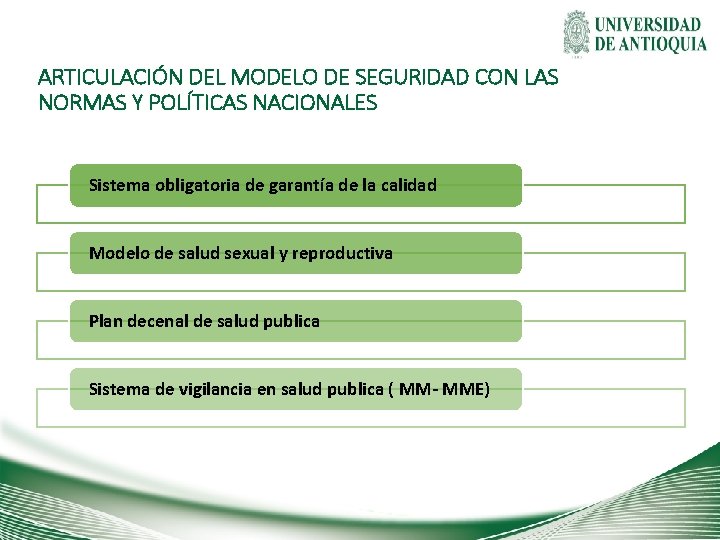 ARTICULACIÓN DEL MODELO DE SEGURIDAD CON LAS NORMAS Y POLÍTICAS NACIONALES Sistema obligatoria de