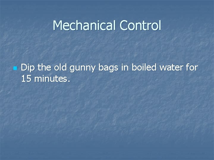 Mechanical Control n Dip the old gunny bags in boiled water for 15 minutes. Mechanical Control n Dip the old gunny bags in boiled water for 15 minutes.