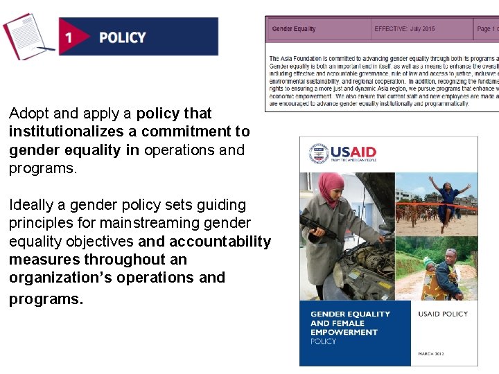 Adopt and apply a policy that institutionalizes a commitment to gender equality in operations