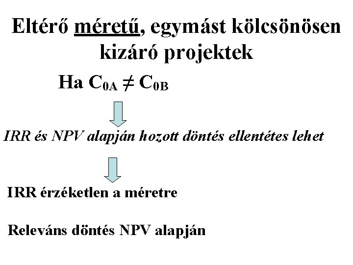 Eltérő méretű, egymást kölcsönösen kizáró projektek Ha C 0 A ≠ C 0 B