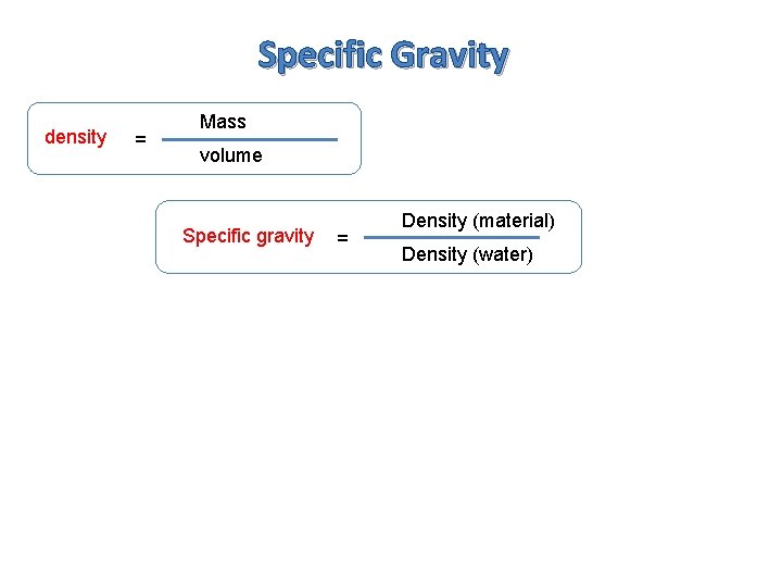 Specific Gravity density = Mass volume Specific gravity = Density (material) Density (water) 