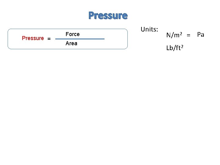 Pressure = Force Area Units: N/m 2 = Pa Lb/ft 2 