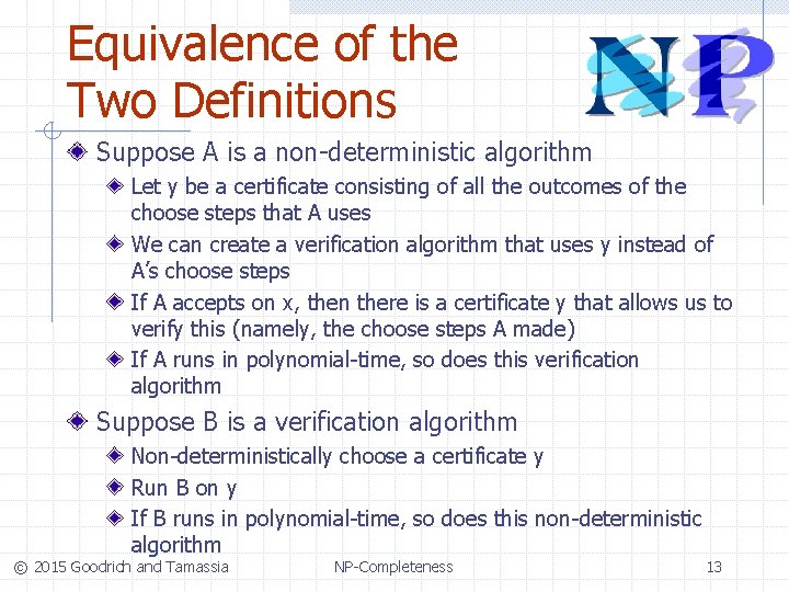 Equivalence of the Two Definitions Suppose A is a non-deterministic algorithm Let y be