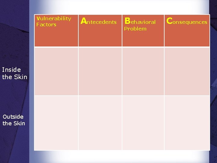 Vulnerability Factors Inside the Skin Outside the Skin Antecedents Behavioral Problem Consequences 