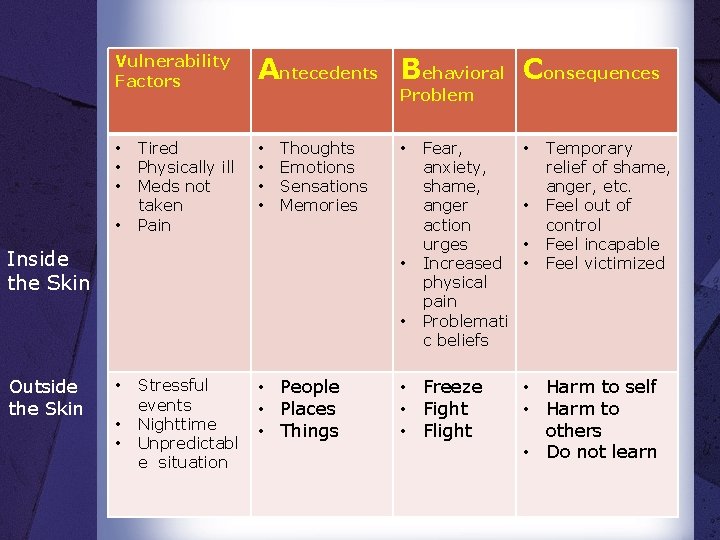 Vulnerability Factors • • Tired Physically ill Meds not taken Pain Antecedents Behavioral Consequences