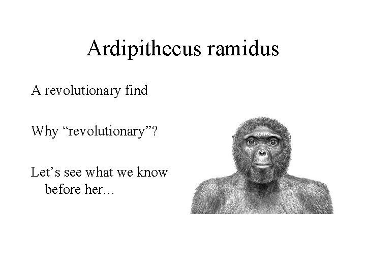 Ardipithecus ramidus A revolutionary find Why “revolutionary”? Let’s see what we know before her…