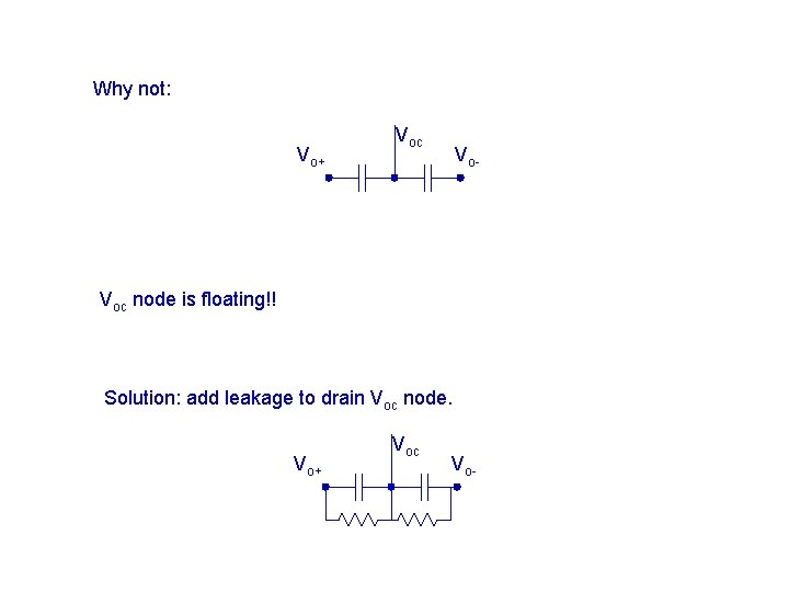 Why not: Vo+ Voc Vo- Voc node is floating!! Solution: add leakage to drain Why not: Vo+ Voc Vo- Voc node is floating!! Solution: add leakage to drain