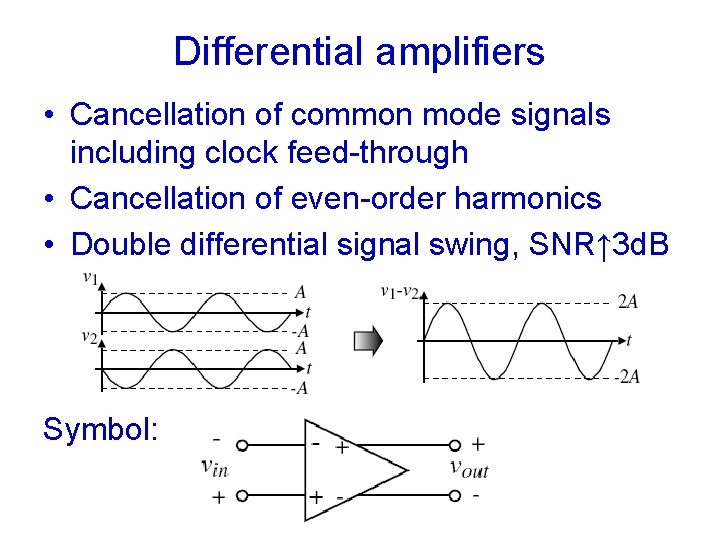 Differential amplifiers • Cancellation of common mode signals including clock feed-through • Cancellation of