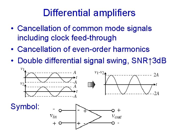 Differential amplifiers • Cancellation of common mode signals including clock feed-through • Cancellation of Differential amplifiers • Cancellation of common mode signals including clock feed-through • Cancellation of