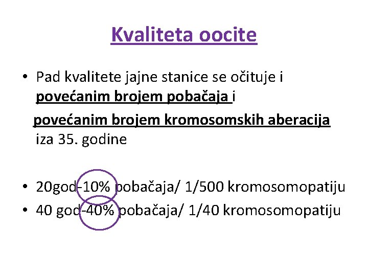 Kvaliteta oocite • Pad kvalitete jajne stanice se očituje i povećanim brojem pobačaja i