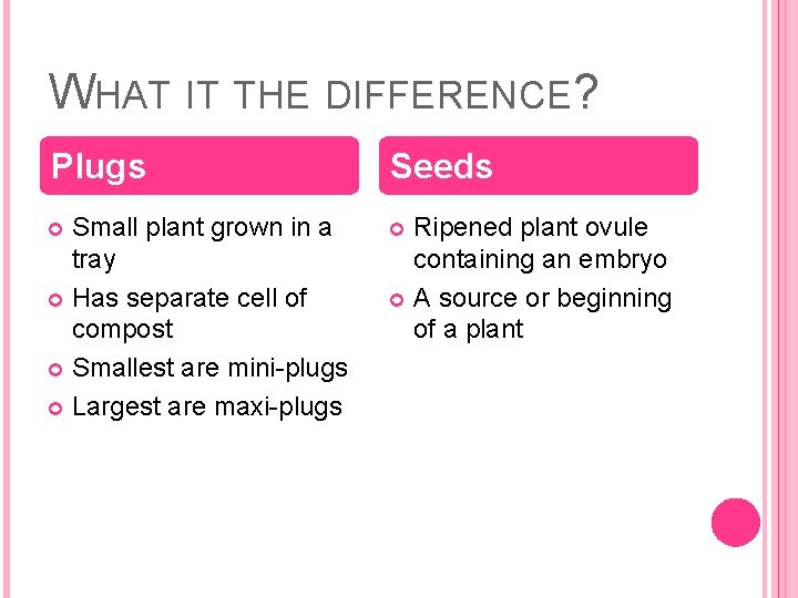 WHAT IT THE DIFFERENCE? Plugs Seeds Small plant grown in a tray Has separate