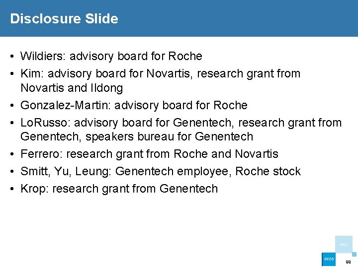 Disclosure Slide • Wildiers: advisory board for Roche • Kim: advisory board for Novartis,