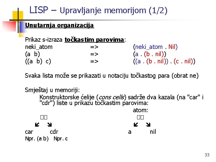 LISP – Upravljanje memorijom (1/2) Unutarnja organizacija Prikaz s-izraza točkastim parovima: neki_atom => (a