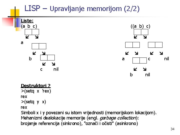 LISP – Upravljanje memorijom (2/2) Liste: (a b c) a b c nil ((a