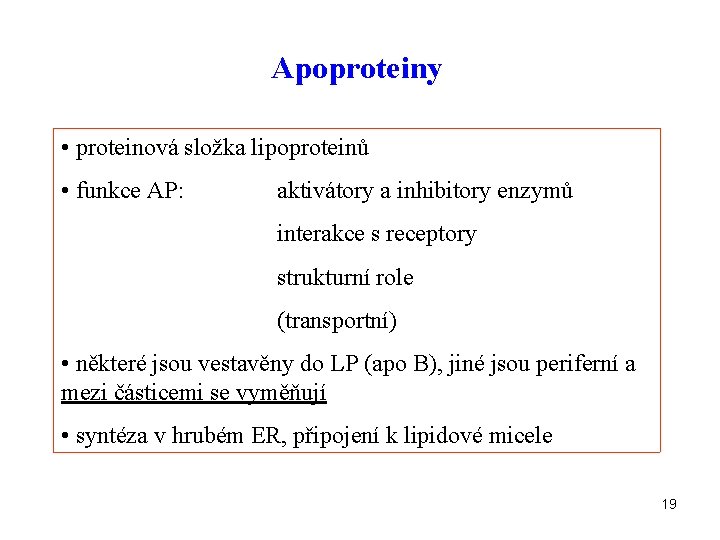 Apoproteiny • proteinová složka lipoproteinů • funkce AP: aktivátory a inhibitory enzymů interakce s