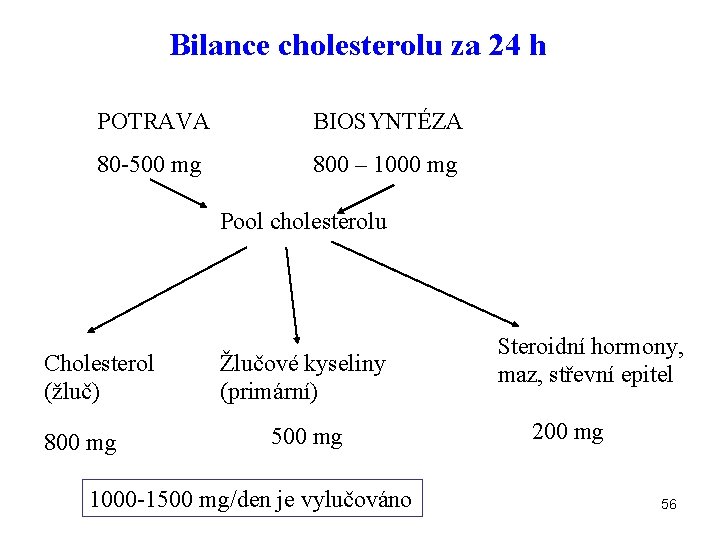 Bilance cholesterolu za 24 h POTRAVA BIOSYNTÉZA 80 -500 mg 800 – 1000 mg