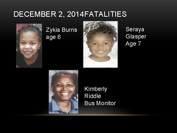 DECEMBER 2, 2014 FATALITIES Seraya Glasper Age 7 Zykia Burns age 6 Kimberly Riddle
