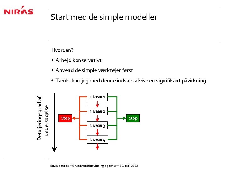 Start med de simple modeller Hvordan? • Arbejd konservativt • Anvend de simple værktøjer